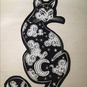 Large black cat crescent moon clouds iron on patch